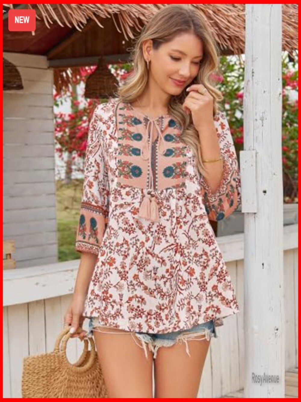 Boho Floral 3/4 Sleeve Babydoll Tunic Top - Flowy Peplum Blouse - Picture 2 of 7